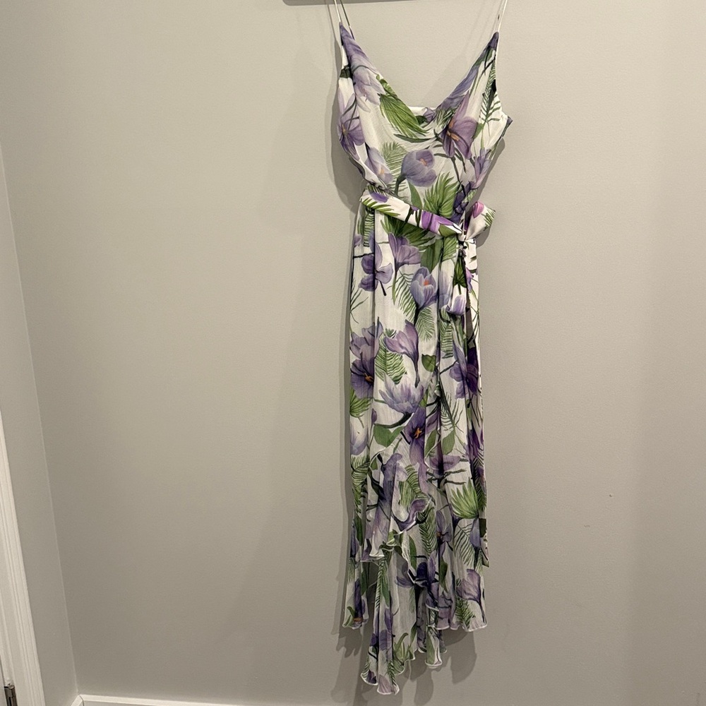 ALICE + OLIVIA Tevi Cowl-Neck Asymmetric Floral Dress w/ Sash - Picture 3 of 5